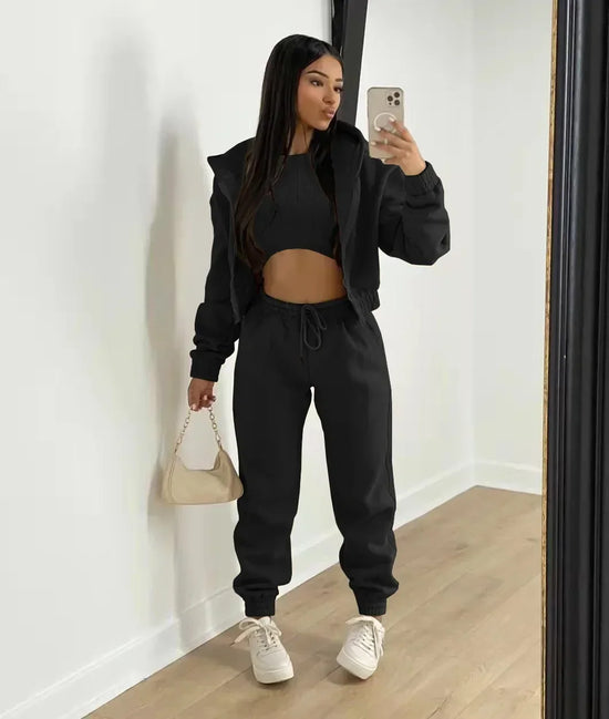 3pcs Women's Clothing Set Fleece-lined Hooded Sweater &Sleeveless Tank Top & Sports Sweatpants Pants - Tasawoq
