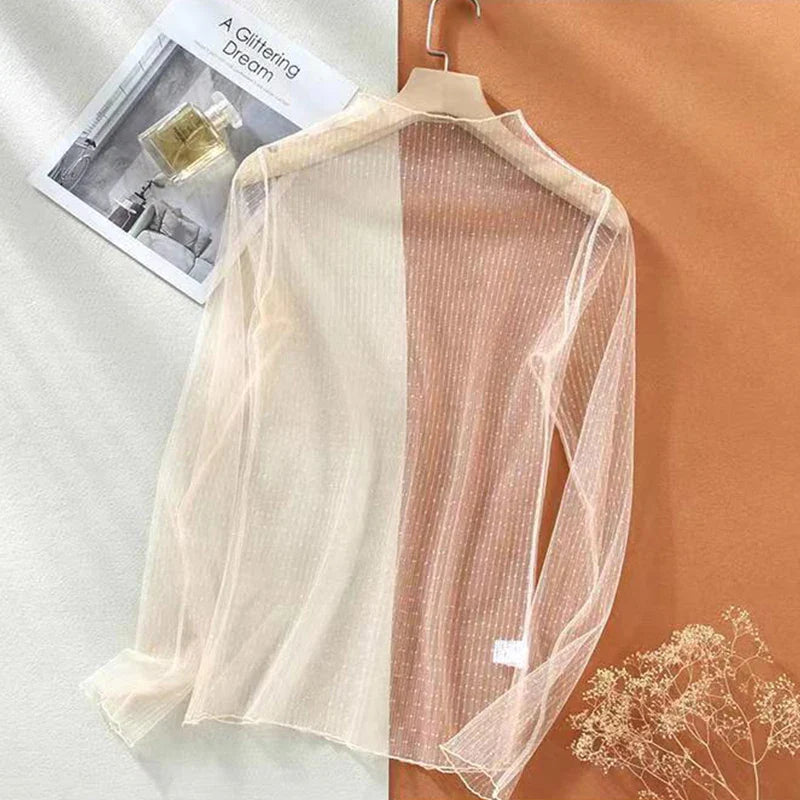 Sexy Women Mesh T-Shirts See-Through Perspective Tshirt Sunscreen Tops Long Sleeve Bottoming Shirts Club Party Black Tee Shirts - Tasawoq