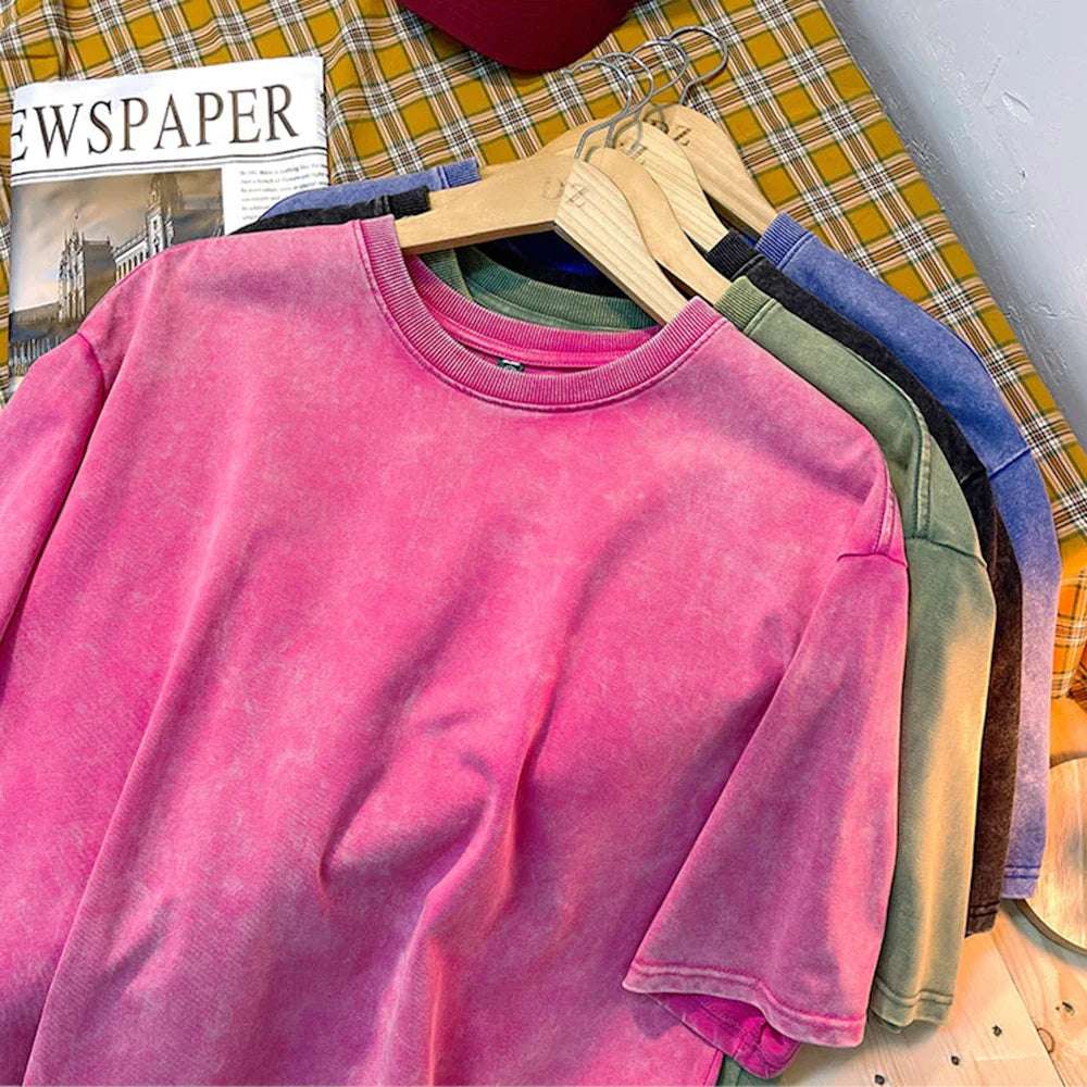 Vintage Snowflake Point Solid Color T-Shirts For Men Women 100% Cotton Short Sleeve Wash With Old Water Street Hip Hop Tee Shirt - Tasawoq