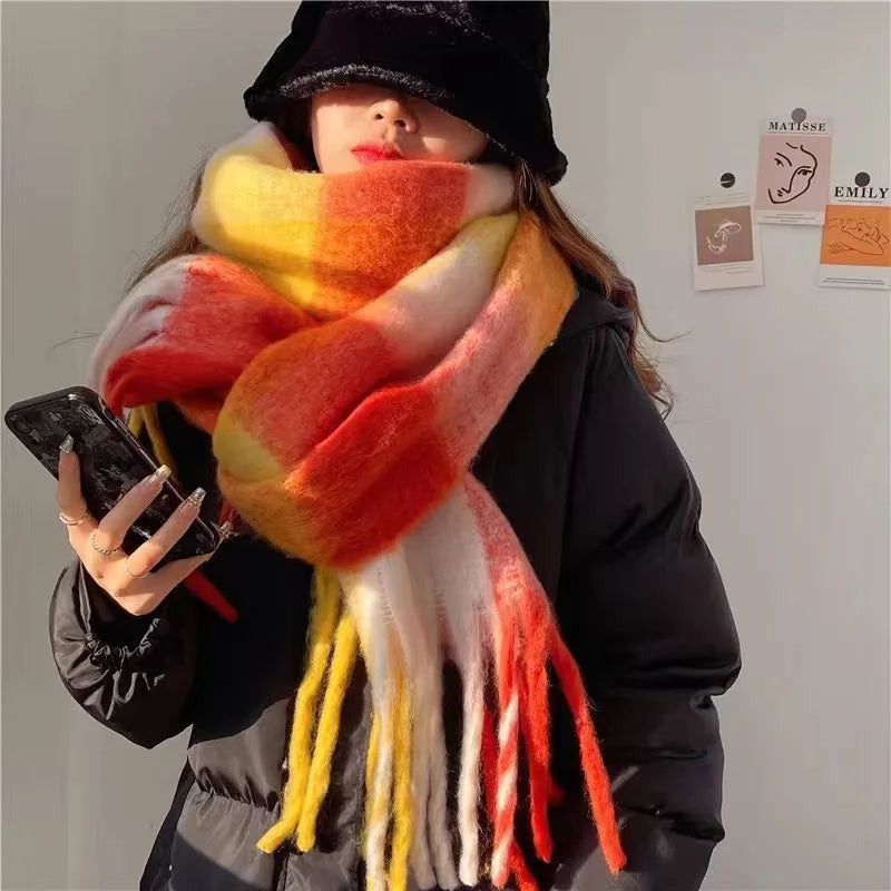 2025 Winter Thick Warm Scarf Women Cashmere Shawl and Wraps Pashmina Neckerchief Bufanda Female Rainbow Hairy Tessel Echarpe New - Tasawoq