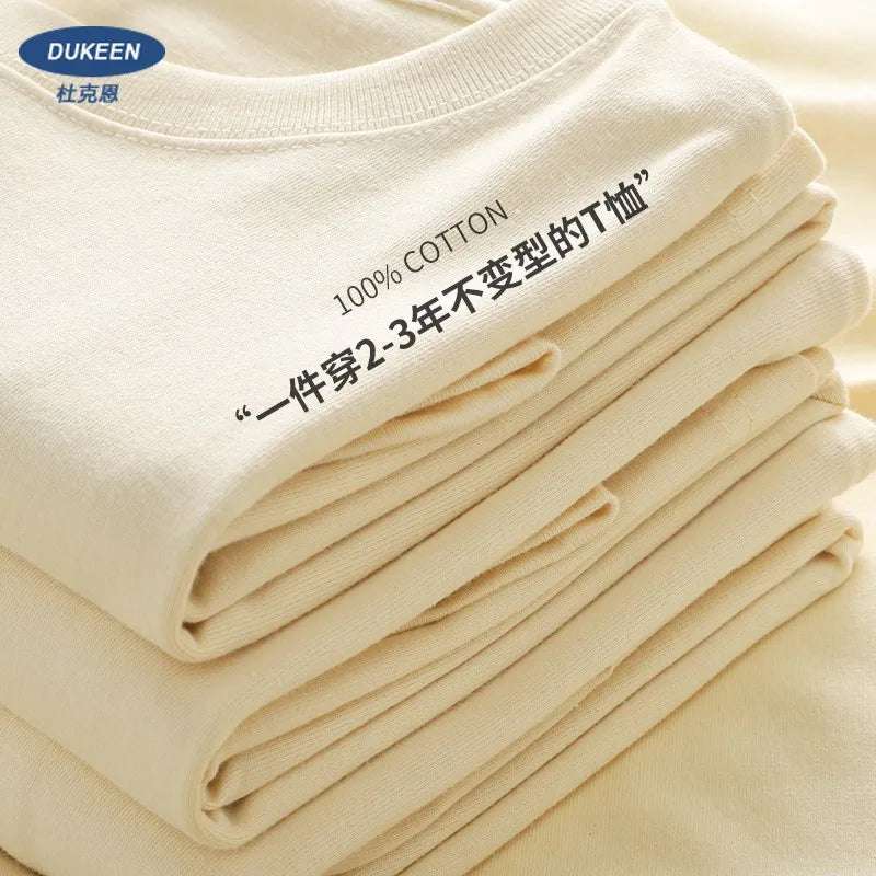 Dukeen 280gsm Oversized Heavy T-Shirt for Men Summer Short Sleeve Tee Cotton Solid Color Top Casual T Shirts One Piece - Tasawoq