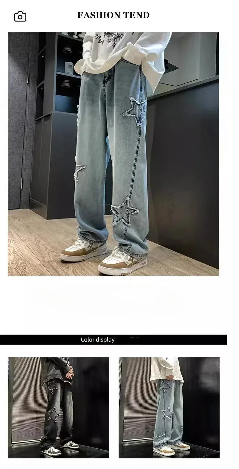 Stars Patchwork Men Jeans New Fashion Y2K Tassel Pants Korea Clothes Straight Hip Hop Splicing Trousers Male Streetwear - Tasawoq