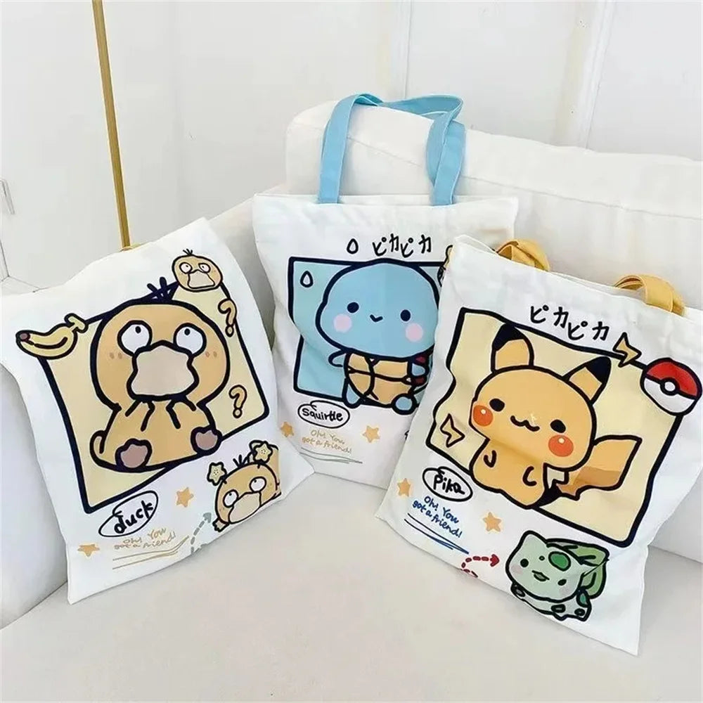 Anime Pokemon Pikachu Canvas Shoulder Bags Psyduck Squirtle Ladies Casual Handbag Reusable Large Capacity Women Shopping Bag - Tasawoq