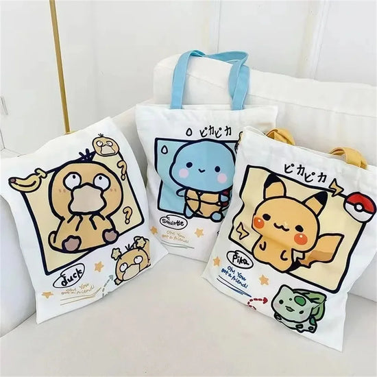 Anime Pokemon Pikachu Canvas Shoulder Bags Psyduck Squirtle Ladies Casual Handbag Reusable Large Capacity Women Shopping Bag - Tasawoq