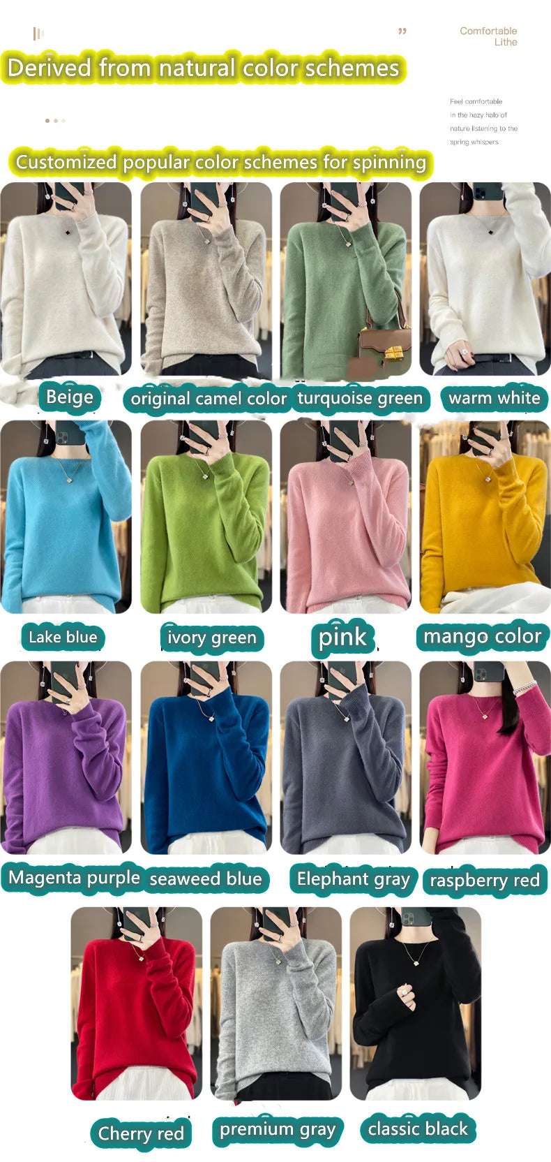 Women's 100% Beautiful Wool Round Neck Top Fashion Versatile Knitted Loose Long Sleeve Pullover Thin Sweater Yuan Ling - Tasawoq