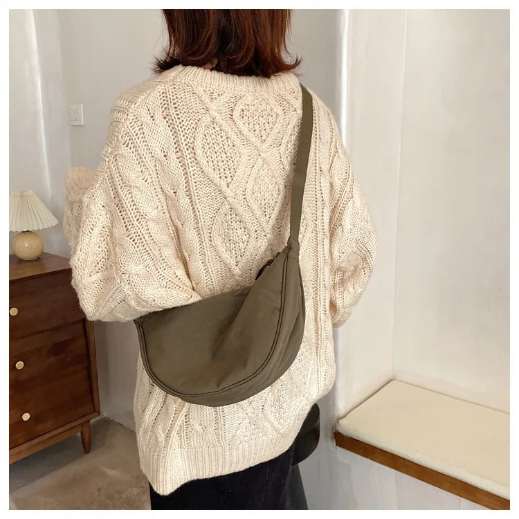 Solid Color Women's Portable Shoulder Bag Simple Female Nylon Cloth Padded Crossbody Bags Travel Purse Handbags Messenger Bag - Tasawoq