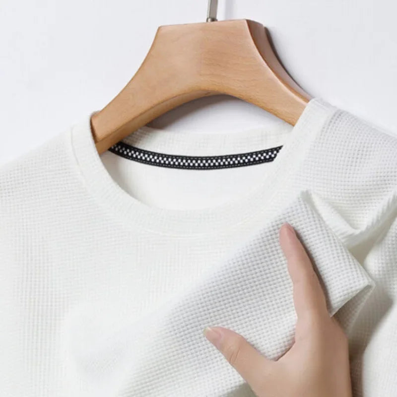 New Summer Waffle Round Neck Short Sleeved T-shirt for Men's Short Sleeved Top - Tasawoq