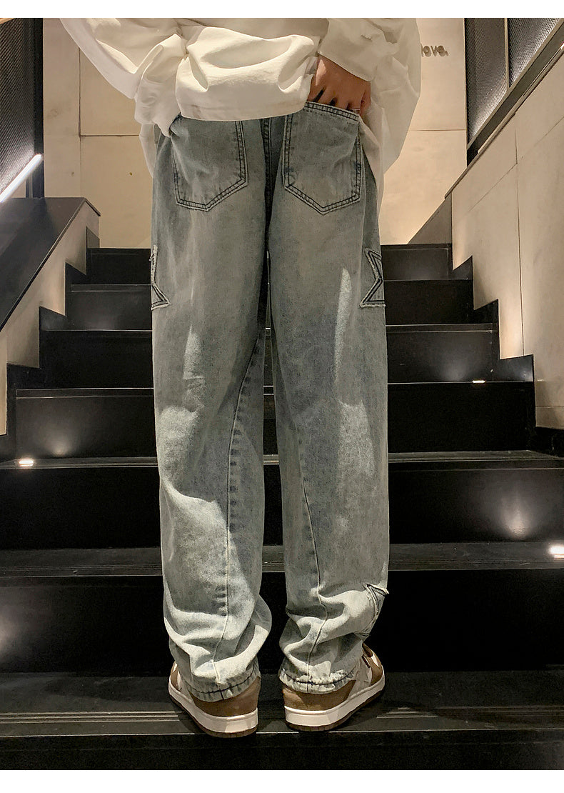 Star Embroidery Straight Casual Men Jeans Gothic Neutral New Wide Leg Loose Hip-hop Fashion Youth Streetwear Denim Trousers Y2K - Tasawoq