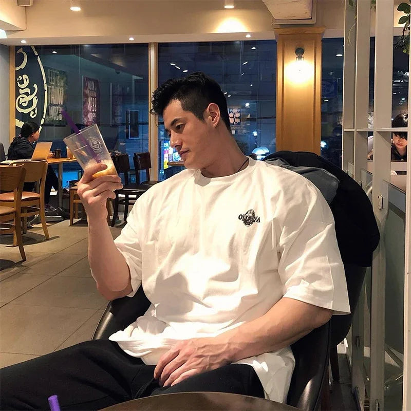 NEW Cotton Gym Shirt Sports T Shirt Men Short Sleeve Running T Shirt Men Workout Training Tees Fitness Loose large size tops