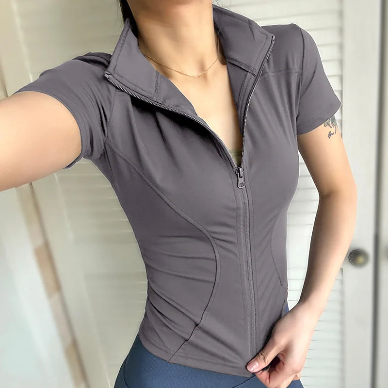 Summer High Quality Waist Slimming Training Tops Women's Quick-drying Tight Stand Collar Full Zipper Short Sleeves Yoga shirts - Tasawoq