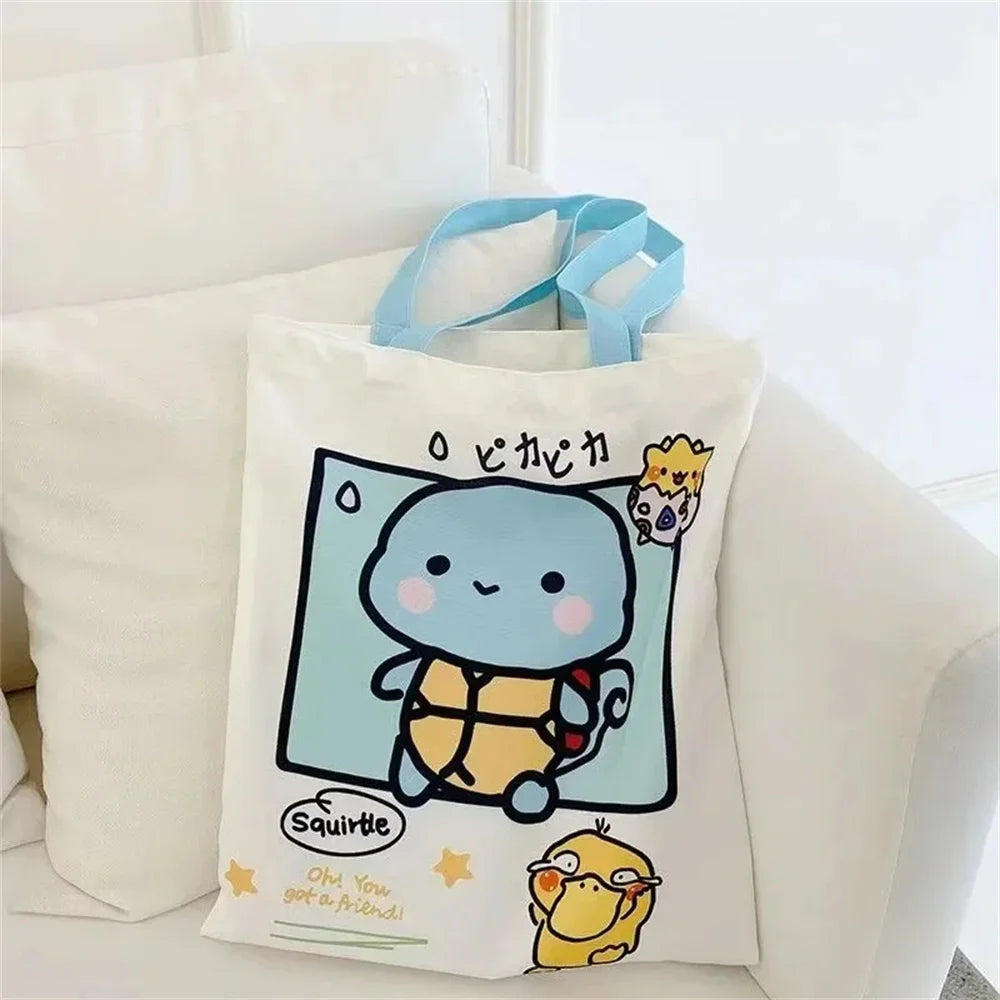 Anime Pokemon Pikachu Canvas Shoulder Bags Psyduck Squirtle Ladies Casual Handbag Reusable Large Capacity Women Shopping Bag - Tasawoq