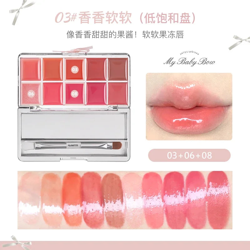 FLORTTE & My Baby Bow 10-color jell ylip gloss palette lipstick lip glaze - Tasawoq