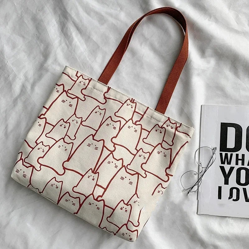 Cute Cat Shopper Handbags Shoulder Fashion Canvas Casual Shopping Girls Women Graphic Tote BagJapanese Cartoon Small Shoulder - Tasawoq