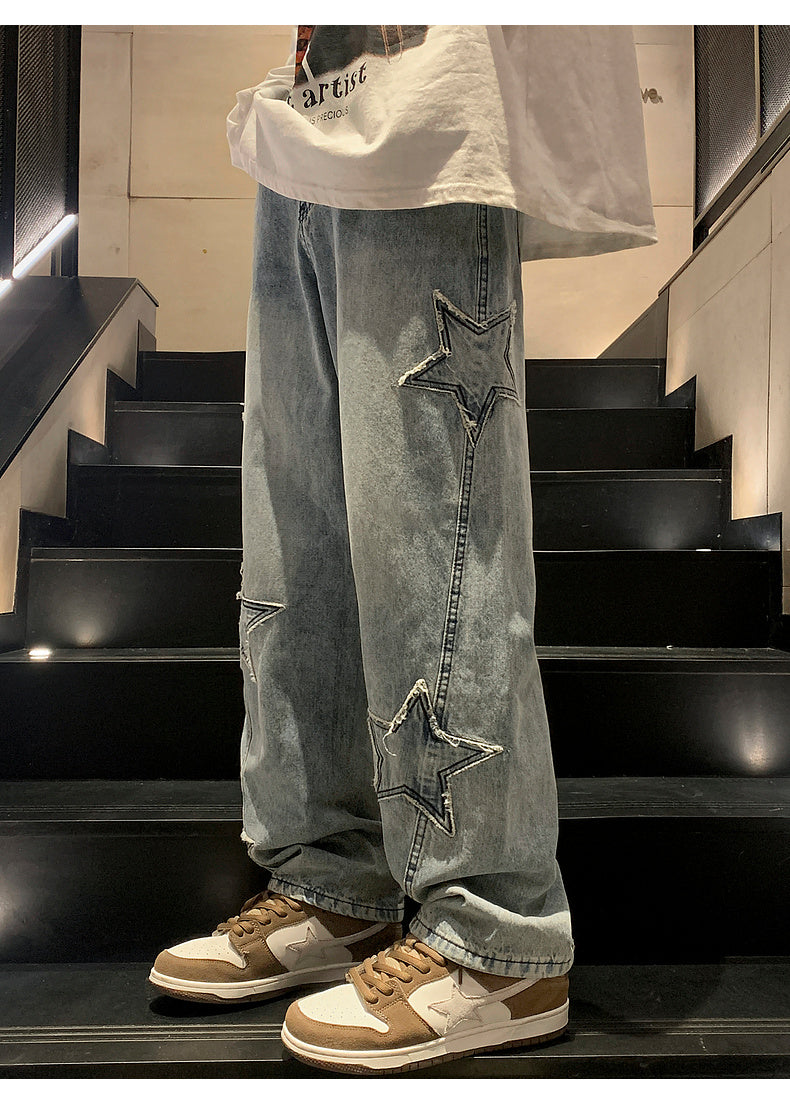 Star Embroidery Straight Casual Men Jeans Gothic Neutral New Wide Leg Loose Hip-hop Fashion Youth Streetwear Denim Trousers Y2K - Tasawoq