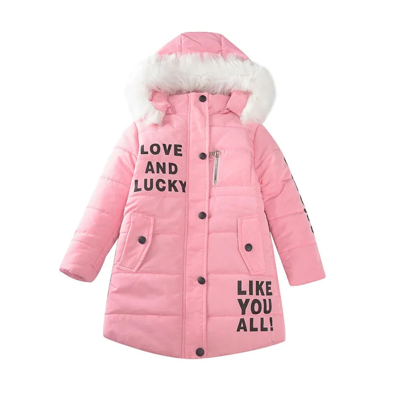 2024 Winter Warm Jackets for Girls Fashion Fur Hooded Children Girls Waterproof Outwear Kids Cotton Lined Parkas - Tasawoq