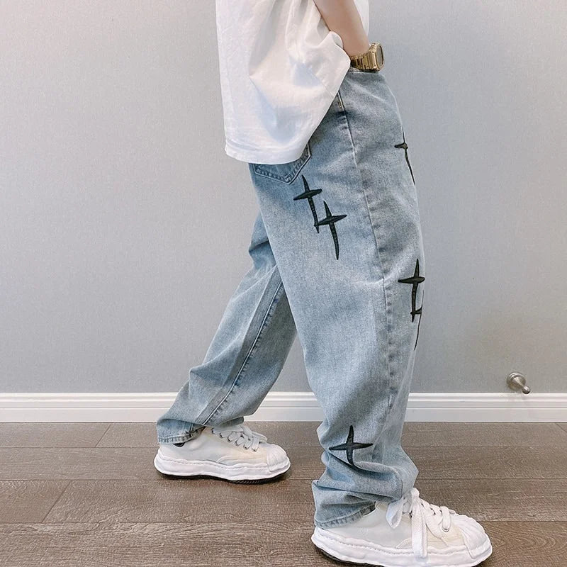 Prints Jeans Men 2023 New Streetwear Baggy Wide Leg Jeans Korean Fashion Drapes Straight Casual Loose Denim Cargo Pants - Tasawoq