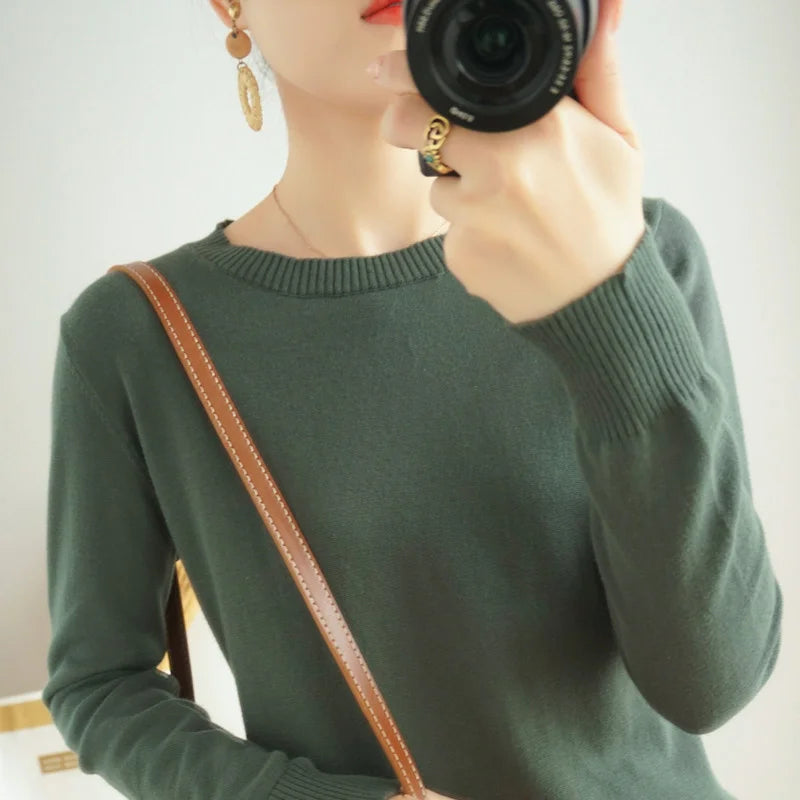 Women's 100% High-quality Cotton Knitted Sweater, Temperament Round Neck Top, Breathable And Versatile Pullover, Long Sleeved - Tasawoq