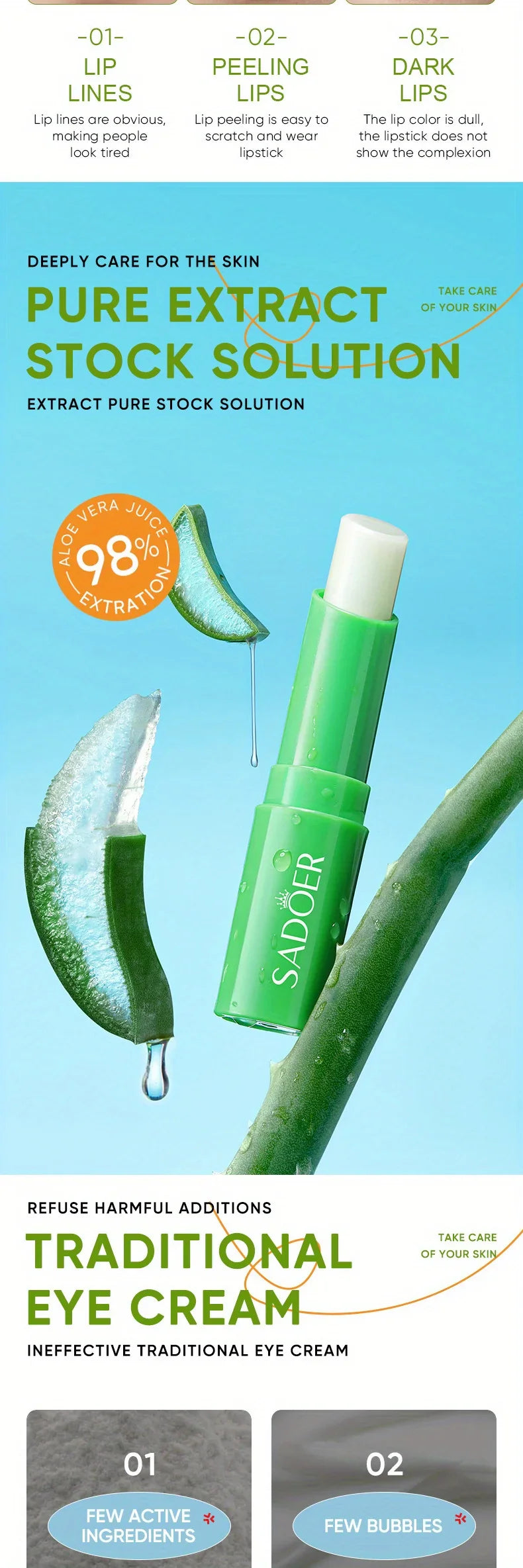 Lip Aloe Balm Nourishing, Refreshing, Hydrating and Moisturizing Preventing Cracking and Repairing Lips Gentle Non Irritating - Tasawoq