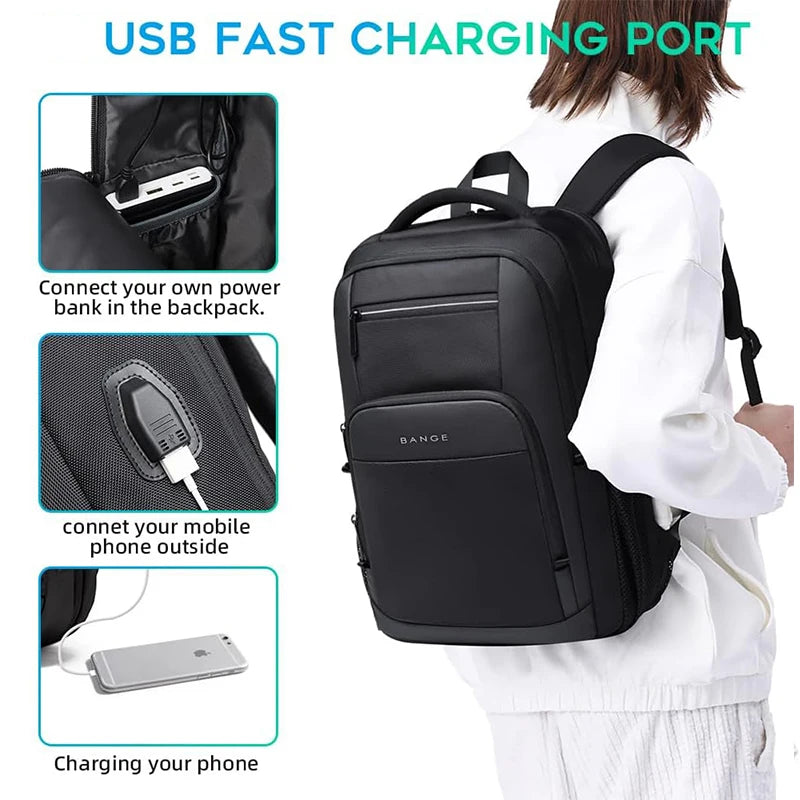 BANGE Travel Waterproof Backpack with USB Charging Port Fit 15.6 Inch Laptop Backpacks for Men and Women, Teenager School Bags - Tasawoq