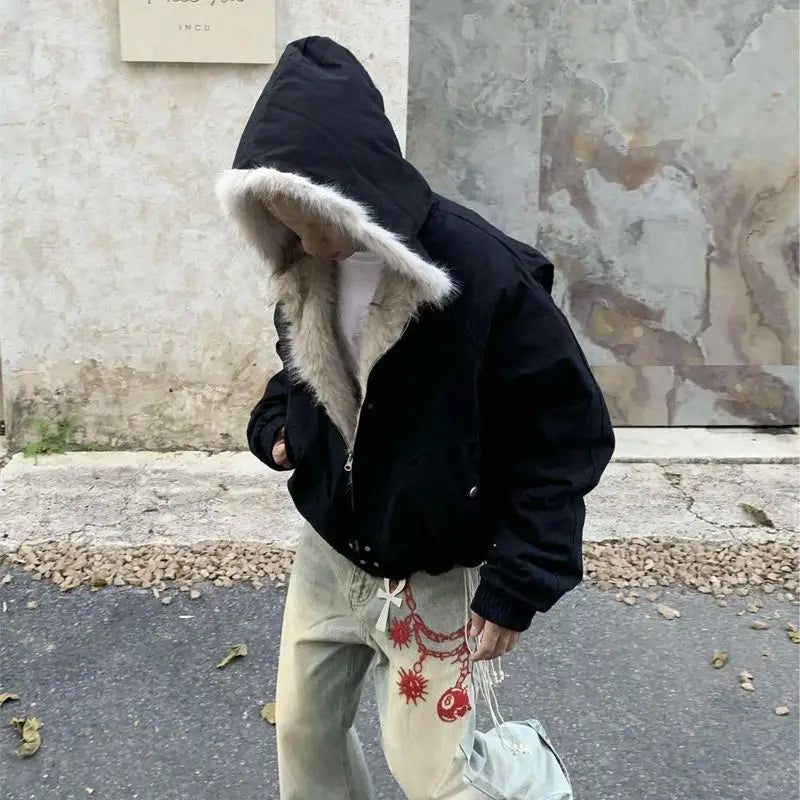 American Retro Woolen Collar Hooded Cotton Jacket Winter Thick Plush Top Men Street Hip-Hop Gothic Harajuku Oversize Jacket Coat - Tasawoq