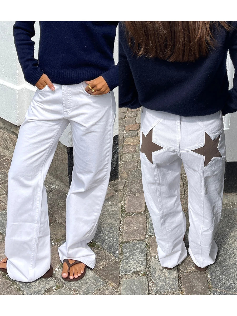 Combhasaki Women's Y2K Vintage Jeans Aesthetic Star Pattern Print Loose Straight Leg Denim Long Pants Casual Low Waist Trousers - Tasawoq