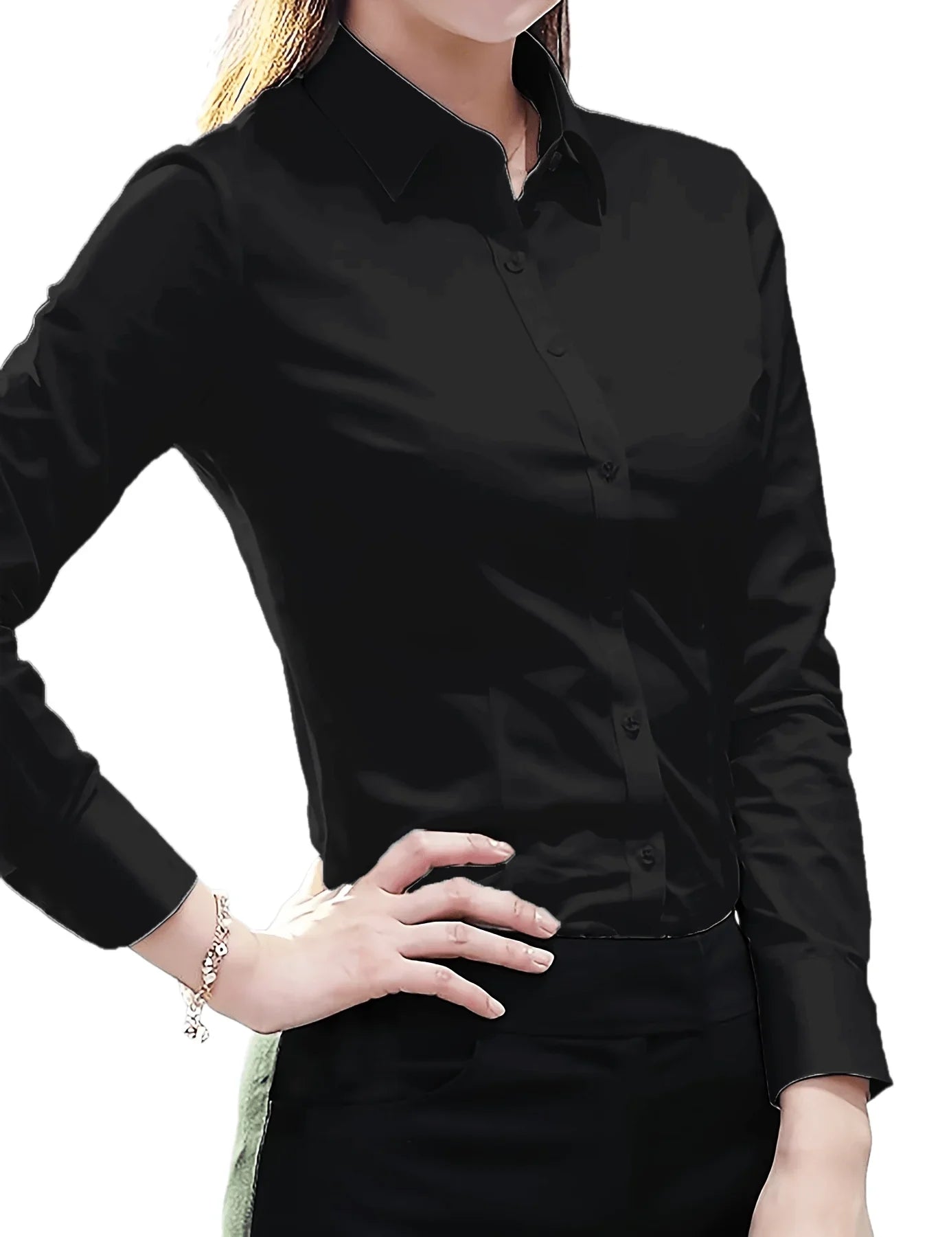 Elegant All-Season Solid Shirt Slim Button Tops Fashion White Shirt Turn-down Collar Women's Long Sleeve Blouse - Tasawoq