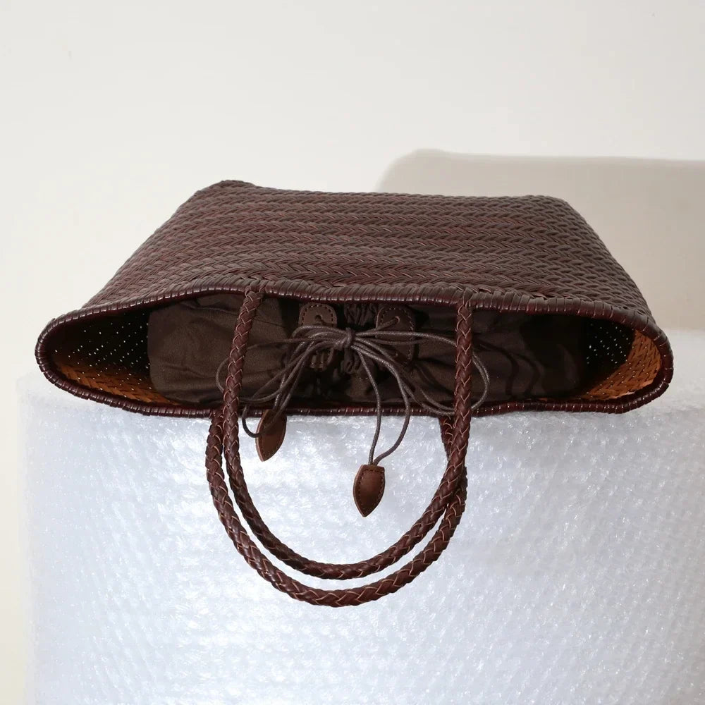 Handbags Women's Genuine Leather Shoulder Bag Weaving Casual Shopping Bag Vintage Big Tote Purse Cowhide Cross Hand Bags Lady - Tasawoq