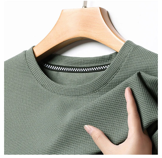 New Summer Waffle Round Neck Short Sleeved T-shirt for Men's Short Sleeved Top - Tasawoq