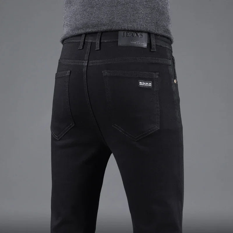 Spring Autumn New Men's Pure Black Slim Jeans Elastic Straight Pants Business Fashion Leisure Korean Vintage Denim Pants Male - Tasawoq
