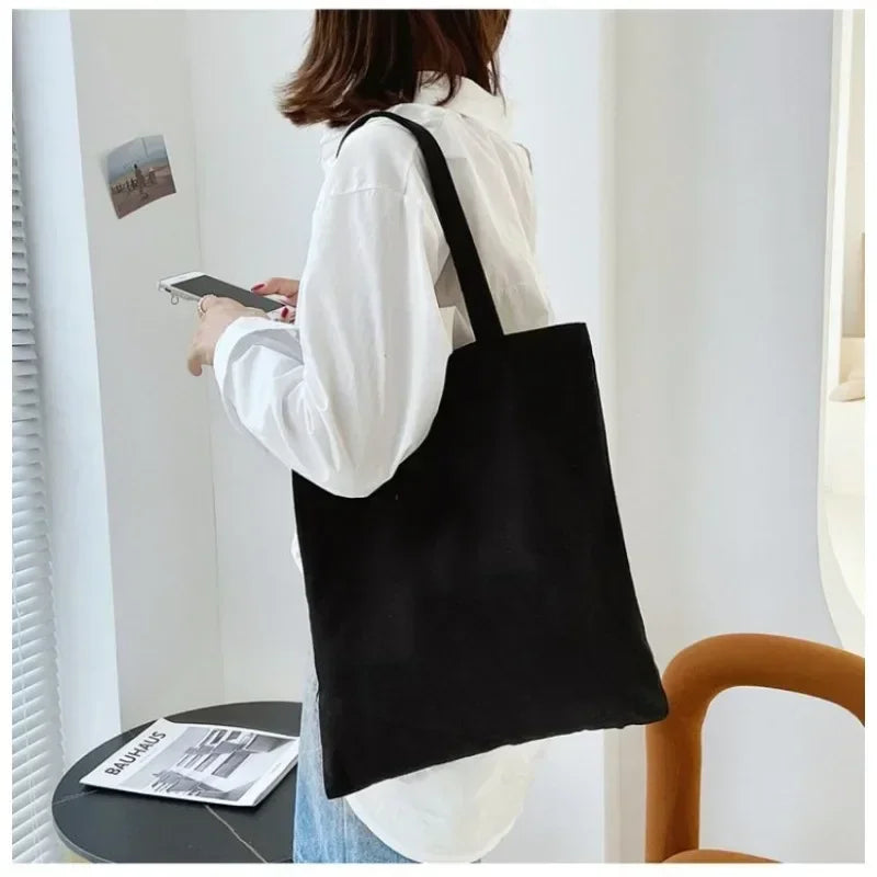 Large Capacity Black White Canvas Shoulder Tote Bag Folding Eco Cotton Handbag Reusable DIY Shoulder Bag Shopping Bag - Tasawoq