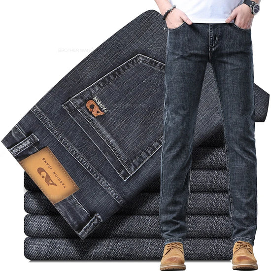 Spring Men's Light Blue Slim Jeans Stylish Casual Stretch Fabric Denim Pants Classic Trousers Smoke Gray - Tasawoq