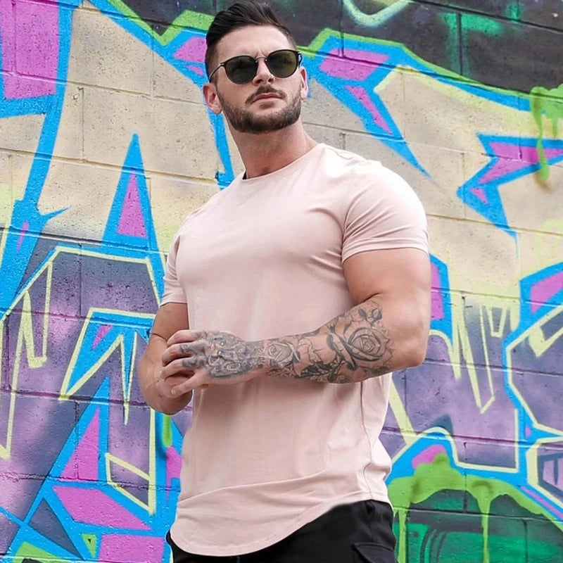 Muscle Fitness T-shirt Summer Men's Athleisure Workout short sleeve T-shirt High Quality cotton Men T-shirt Gym Sport Shirt Tops - Tasawoq