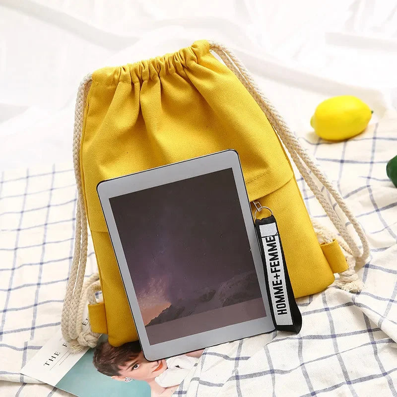 1 Pc Canvas School Bag Double Shoulder Drawstring Backpack Drawstring Pocket Portable Casual Backpack Women Men Travel Backpack - Tasawoq