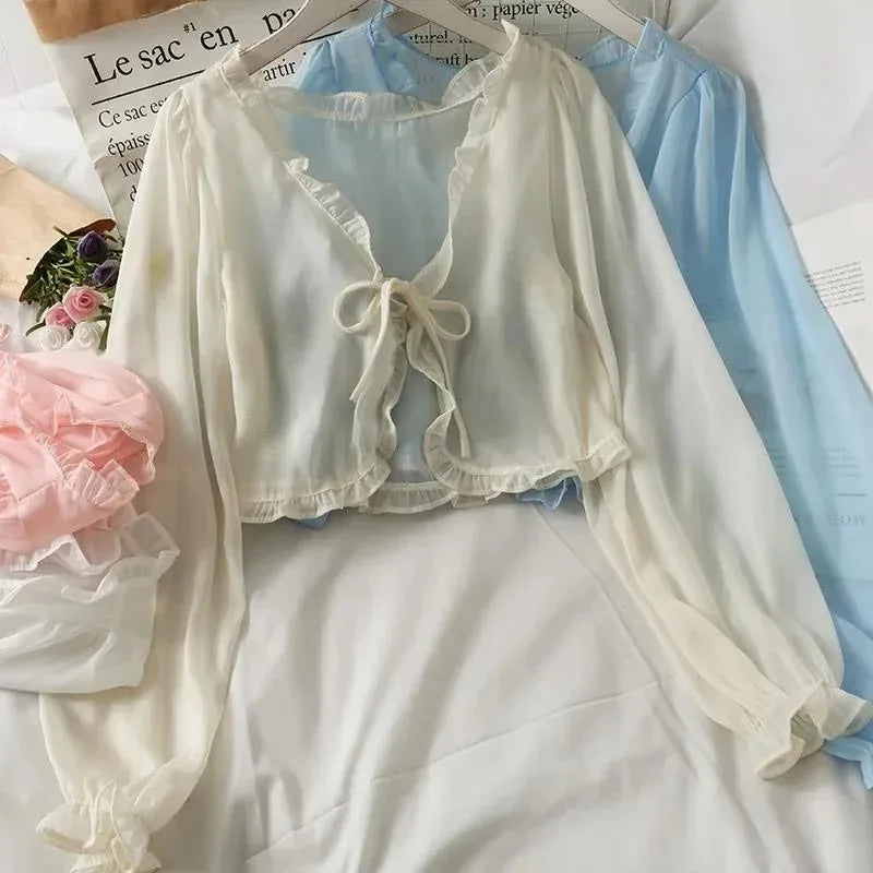 Women Thin Casual Lace Bow Summer Sun Protection Clothes Female Cardigan Shirt Clothing Tops Blouse For Woman - Tasawoq