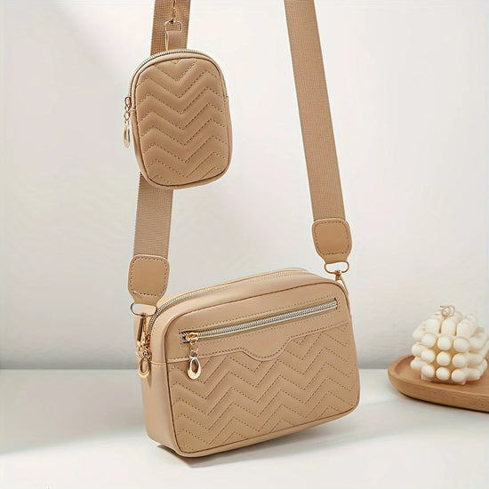 Casual Minimalist Shoulder Square Bag, With Mini Hanging Purse, Quilted Pattern Crossbody Bag For Women Two piece set - Tasawoq