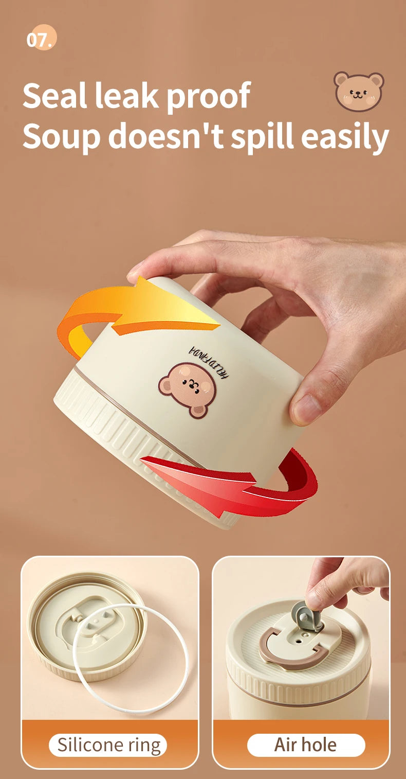 WORTHBUY Cute Bear 304 Stainless Steel Thermal Lunch Box For Kids Adults Portable Microwave Bento Box Leak Proof Food Container