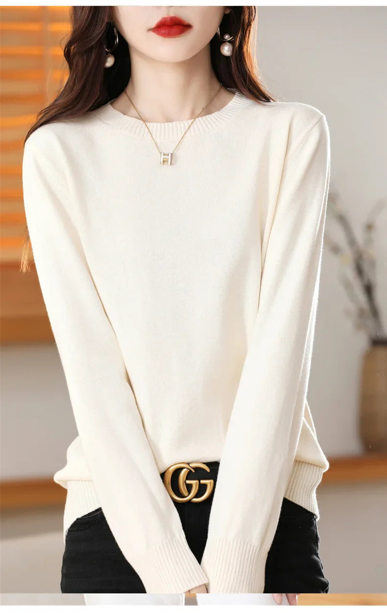 Women's 100% High-quality Cotton Knitted Sweater, Temperament Round Neck Top, Breathable And Versatile Pullover, Long Sleeved - Tasawoq