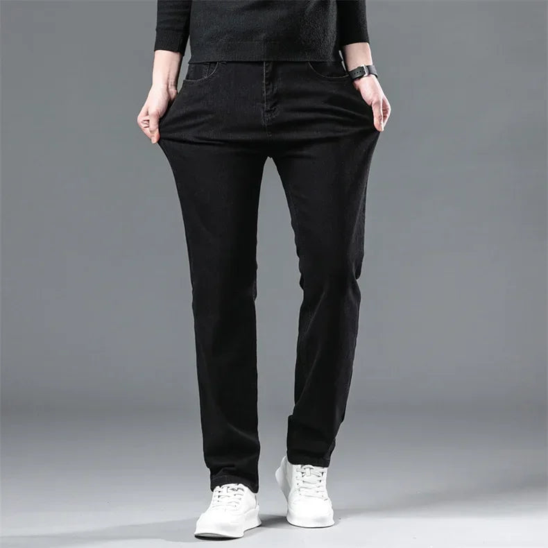 WTHINLEE Winter Men Black Straight Stretch Denim Thick Velvet Pants Warm Jeans Casual Fleece Line Trousers Male Plus Size - Tasawoq