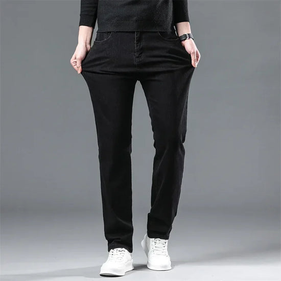 WTHINLEE Winter Men Black Straight Stretch Denim Thick Velvet Pants Warm Jeans Casual Fleece Line Trousers Male Plus Size - Tasawoq