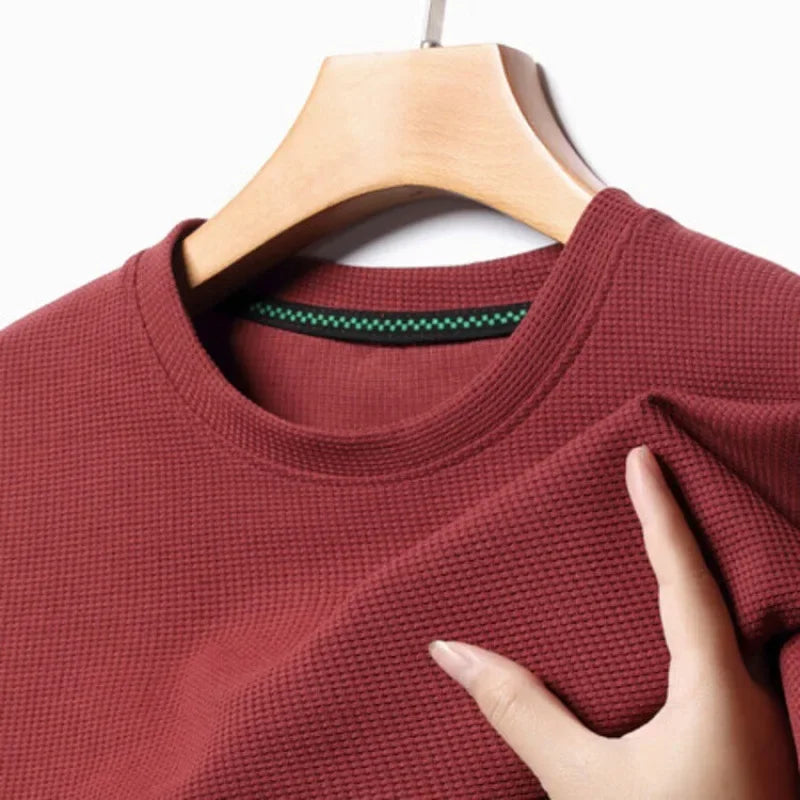 New Summer Waffle Round Neck Short Sleeved T-shirt for Men's Short Sleeved Top - Tasawoq