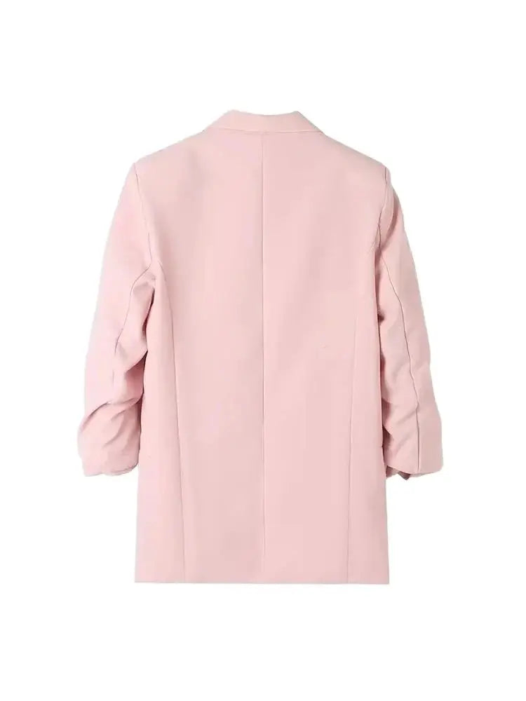 TRZA Women Fashion Office Wear Open Blazer Coat Vintage Long Pleated Sleeves Flap Pockets Female Outerwear Chic Tops - Tasawoq
