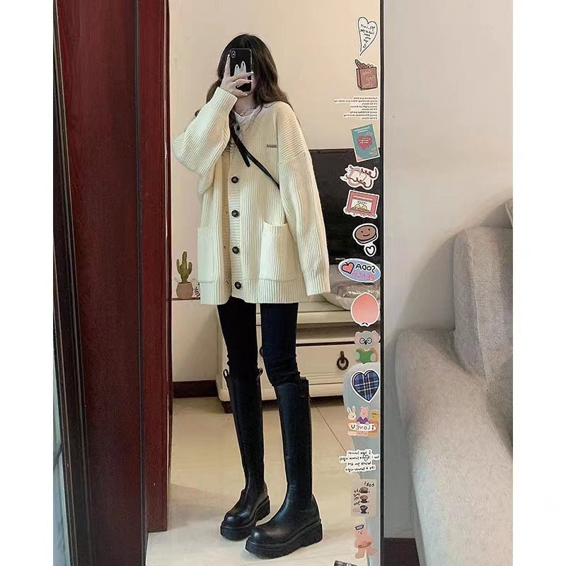 Autumn Winter Women Cardigan Sweater Coats Fashion Female Long Sleeve V-neck Loose Knitted Jackets Casual Sweater Cardigans - Tasawoq