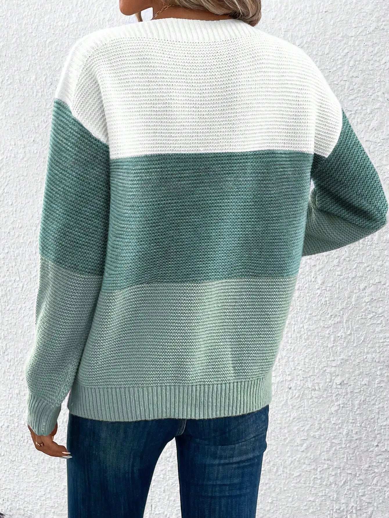 Elegant Three-color Patchwork Sweater Women Daily Commuter Casual Loose Jumpers Female Autumn Winter Knitted Thickened Warm Tops - Tasawoq