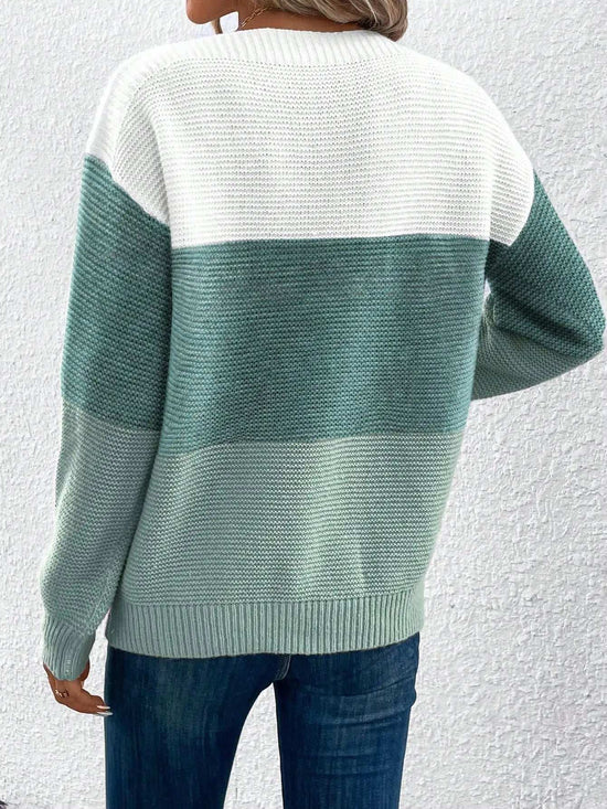 Elegant Three-color Patchwork Sweater Women Daily Commuter Casual Loose Jumpers Female Autumn Winter Knitted Thickened Warm Tops - Tasawoq