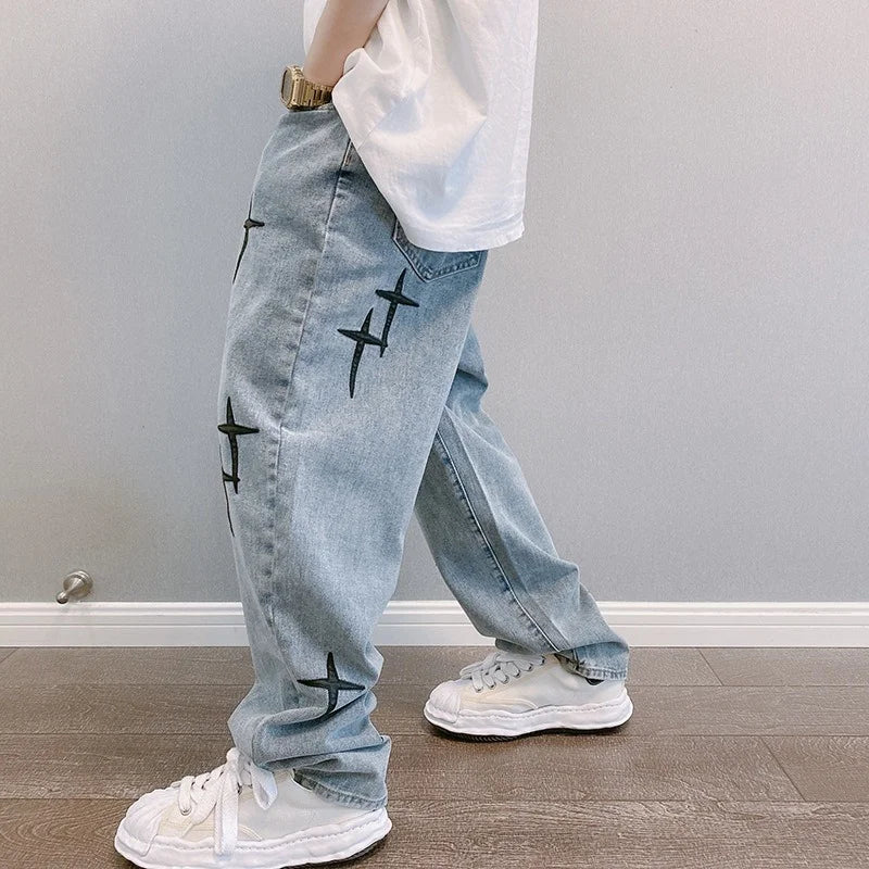 Prints Jeans Men 2023 New Streetwear Baggy Wide Leg Jeans Korean Fashion Drapes Straight Casual Loose Denim Cargo Pants - Tasawoq