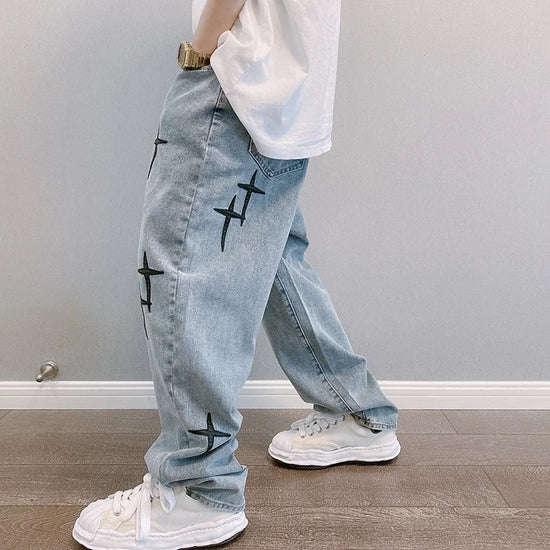 Prints Jeans Men 2023 New Streetwear Baggy Wide Leg Jeans Korean Fashion Drapes Straight Casual Loose Denim Cargo Pants - Tasawoq
