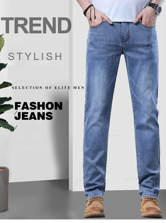 Spring Men's Light Blue Slim Jeans Stylish Casual Stretch Fabric Denim Pants Classic Trousers Smoke Gray - Tasawoq