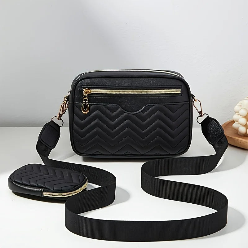 Casual Minimalist Shoulder Square Bag, With Mini Hanging Purse, Quilted Pattern Crossbody Bag For Women Two piece set - Tasawoq