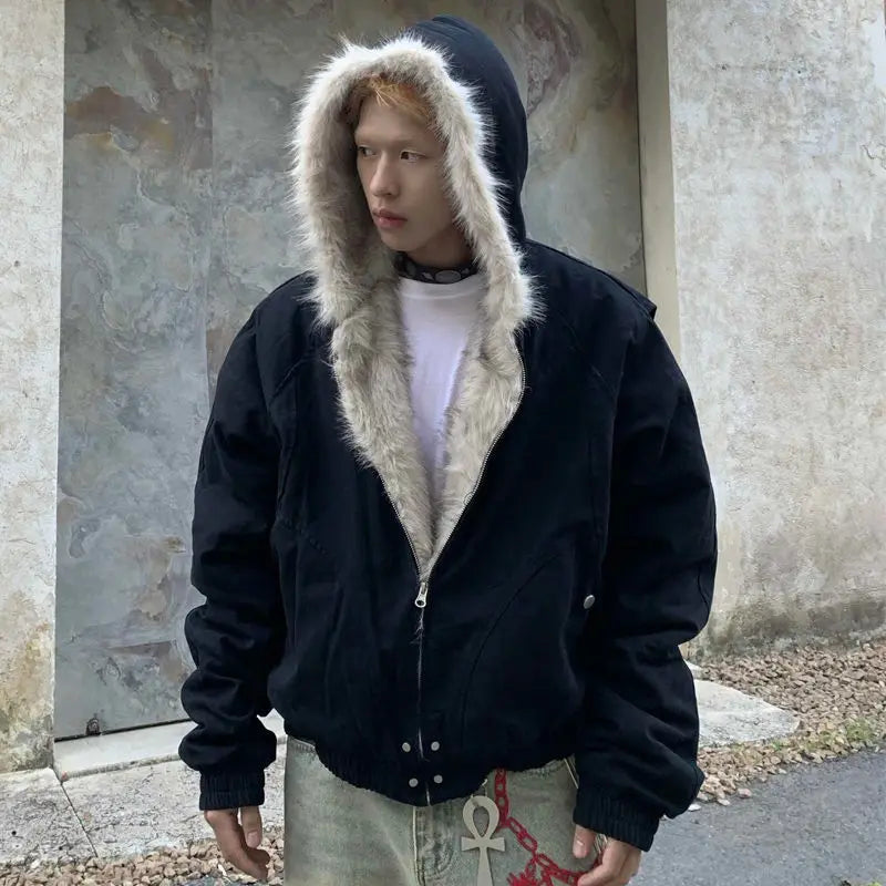 American Retro Woolen Collar Hooded Cotton Jacket Winter Thick Plush Top Men Street Hip-Hop Gothic Harajuku Oversize Jacket Coat - Tasawoq
