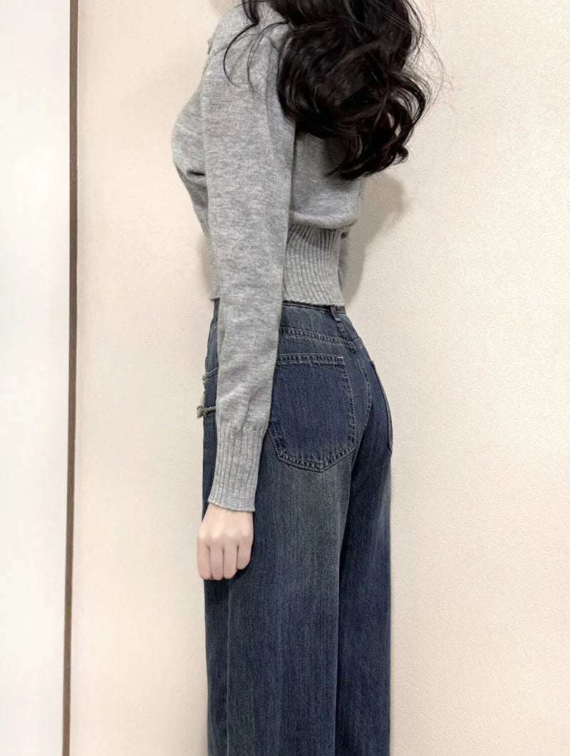 Xpqbb Korean Chic Turndown Collar Sweaters Female Gray Slim Fit Long Sleeve Cropped Sweater for Woman Streetwear Knit Pullovers - Tasawoq